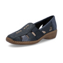 Navy slip-on shoe with cut-out sides, elastic strap and tan wedge sole, shown from the front side.