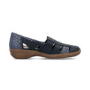 Side profile of a navy slip-on shoe with cut-out panels, elastic strap and patterned heel section above a tan wedge sole.