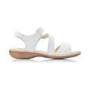 Opposite side profile of the white leather sandal highlighting the strap design, stitching detail and low wedge sole.