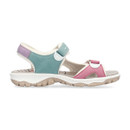Side profile of the sandal showing the teal and lilac heel strap, pink front strap and chunky treaded sole.
