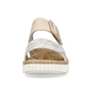 Front view of a Rieker platform sandal showing the metallic toe strap, wide beige strap and rope-effect trim.