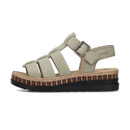 Side profile of the green strappy platform sandal, showing the adjustable buckle strap and thick treaded sole.