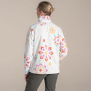 Back view of a woman wearing a white fleece with colourful floral pattern and high neck.