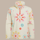 White fleece with colourful floral print and half-zip high collar shown on a plain background.