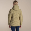 Back view of an olive green Craghoppers hooded padded jacket on a model, showing quilted baffles and fitted shape.