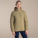Model wearing an olive green Craghoppers hooded padded jacket, front view on a neutral studio background.