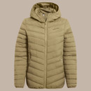 Flat lay style product image of an olive green Craghoppers hooded padded jacket, front view with full zip and pockets.