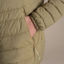 Close-up of the zip pocket on an olive green Craghoppers padded jacket, with a hand inside the pocket.