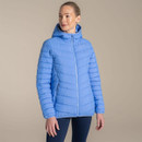 Model wearing a blue Craghoppers hooded insulated jacket with full zip and quilted panels.