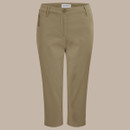 Product-only image of khaki women’s cropped trousers with button fastening and straight leg cut.
