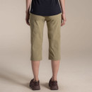 Rear view of women’s khaki cropped trousers showing back fit and hem length.