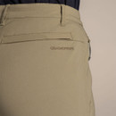 Close-up of back of khaki cropped trousers showing Craghoppers embroidered branding.
