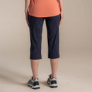 Back view of navy women’s 3/4 length outdoor trousers with straight leg fit.
