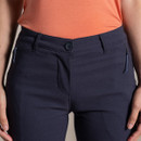 Close-up of navy women’s hiking trousers waistband with button fastening and belt loops.