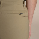 Close-up of back pocket and Craghoppers logo on khaki shorts with hidden zip pocket detail.