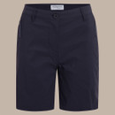 Studio product shot of navy women’s shorts showing front zip fly, button and zipped pockets.
