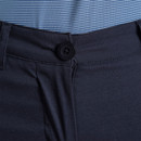 Close-up of navy Craghoppers trousers waistband with branded button and zip fly.