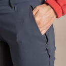 Close-up of dark grey Craghoppers trouser zip pocket with hand inside, showing stretch fabric and discreet logo.