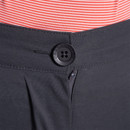 Close-up of Craghoppers branded waistband button on dark grey walking trousers with striped top underneath.