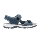 Side profile of blue Rieker sandal showing the lightweight sole and secure strap design.