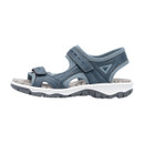 Side view of blue Rieker sandal with padded lining and open-toe design.