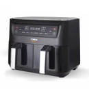 Tower Vortx Vizion black 8L dual basket air fryer photographed on a white background, showing digital control panel and two baskets.