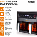 Tower Vortx Vizion 8L dual basket air fryer shown with feature icons including 4-in-1 cooking, viewing windows, duo-basket technology, preset meals, 99% less fat and energy saving.