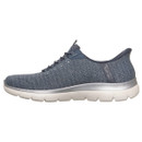 Blue athletic shoe with a textured fabric upper and white sole. Features laces and a sleek, modern design. Side view on a white background.