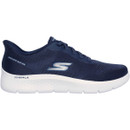 Navy blue athletic shoe with a white sole, featuring a prominent "S" logo on the side. Textured mesh design suggests breathability and comfort.