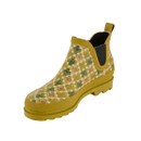 Angled view of Orla Kiely x Regatta yellow mid ankle wellington boot with elastic side panel and floral print.