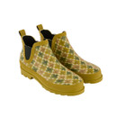 Pair of Orla Kiely x Regatta mid wellington boots in yellow with retro floral design, shown at an angle.