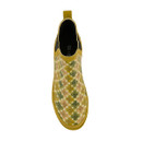 Top view of Orla Kiely x Regatta yellow mid wellington boots showing rounded toe and floral print upper.