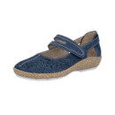 Single navy blue Rieker Mary Jane shoe at a three-quarter angle, showing the cut-out patterned upper, contrast stitching and cork-effect wedge sole on a white background.