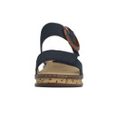 Front view of a blue Rieker sandal showing the wide straps, tortoiseshell-effect buckle detail and cushioned tan footbed on a white background.