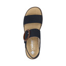 Top-down view of a blue Rieker sandal showing the wide straps, buckle detail and branded tan footbed on a white background.