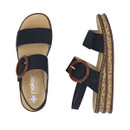 Top and side view of the blue Rieker sandal showing the buckle detail, wide straps and cushioned footbed on a white background.
