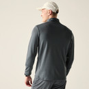 Back view of model wearing grey midlayer jacket with high collar and contrast shoulder panel.