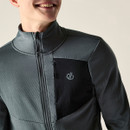 Close-up of grey full-zip midlayer jacket with high collar, contrast chest panel and zipped chest pocket.