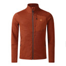 Front view of the rust-brown full-zip midlayer on a white background, showing the contrasting chest panel and zip pocket.