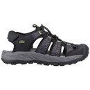 Black and grey hiking sandal with a rugged sole and patterned straps. It features adjustable elastic laces and open sides for breathability.