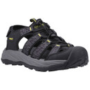 Black open-toe hiking sandal with rugged grey sole and intricate patterned straps. Features yellow accents, creating an adventurous, sporty feel.