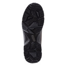 The image shows the sole of a black hiking boot with a rugged, geometric tread pattern designed for traction.