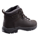 Sturdy dark brown hiking boot with a rugged sole, metallic eyelets, and ankle padding. Designed for durability and comfort in outdoor activities.