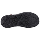 The image shows the black rubber sole of a shoe, featuring a rugged, textured tread pattern designed for grip and durability, conveying functionality.