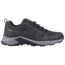 Sleek black and grey waterproof hiking shoe with textured sole, lace-up front, and modern design. Conveys durability and outdoor readiness.