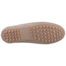 The image shows the sole of a beige suede shoe featuring multiple round, rubber grips. The design hints at comfort and casual style, emphasizing traction.