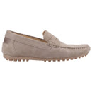 Light beige suede loafer with a moccasin-style design and stitched detailing. Features a flat sole with small rubber grips, conveying a casual, elegant tone.