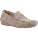 Beige suede loafer with stitching details, featuring a penny slot on top and textured rubber sole for grip. The shoe exudes a casual, relaxed vibe.