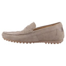 Beige suede loafer with a moc toe design and stitched detailing. It features a rubber sole with a textured grip and a penny slot on top.