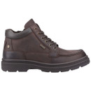 A dark brown leather ankle boot with visible stitching, a padded collar, waterproof tag, lace-up front, and sturdy sole, conveying a rugged, durable feel.